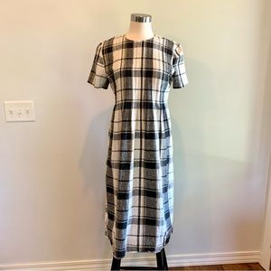 Vintage 80s/90s Black White Plaid Linen Blend Midi Dress